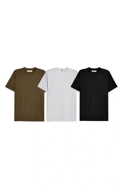 Topman 3-pack Classic Fit Crewneck T-shirts In Olive/ Grey/ Black