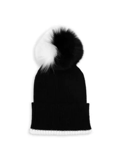 Adrienne Landau Fox Fur Pom-pom Knit Hat In Black White