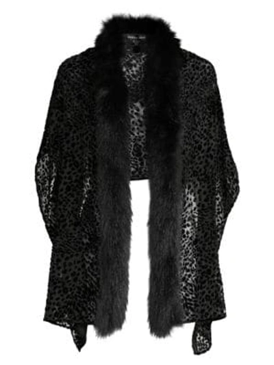 Adrienne Landau Women's Leopard Burnout Velvet & Fox Fur Trim Stole In Black