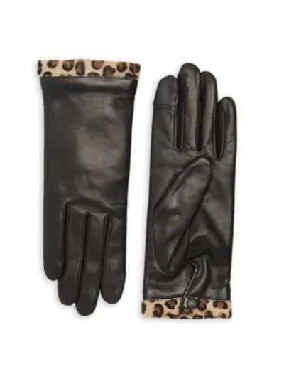 Agnelle Women's Edith Leopard-print Calf Hair Trimmed Leather Gloves In Black