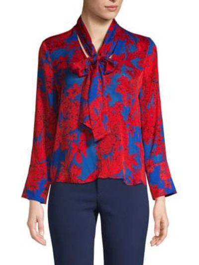 Alice And Olivia Botanical-print Tie-neck Top In Red