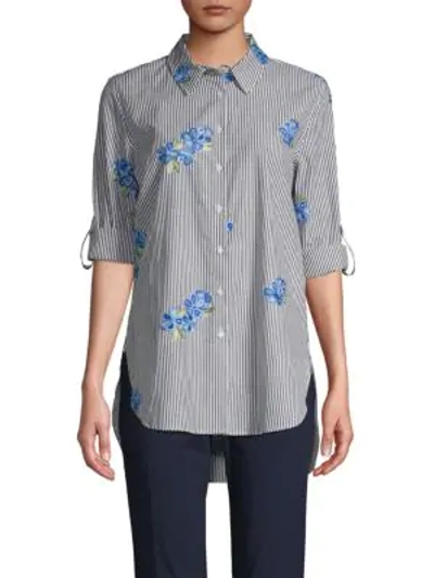 Calvin Klein Collection All Over Floral Embroidered Button-front Shirt In Black White