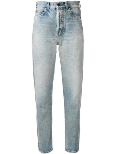Saint Laurent Distressed Detail Straight Leg Jeans In Light Blue