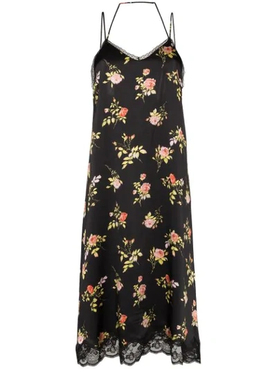 R13 Lace-trimmed Floral-print Silk-satin Midi Dress In Black
