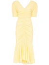 Staud Panier Ruched Gingham Seersucker Midi Dress In Yellow