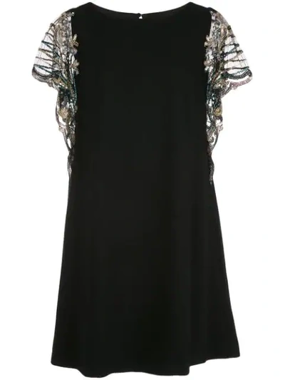 Aidan Mattox Trapeze Cocktail Dress With Beaded Sleeves In Black