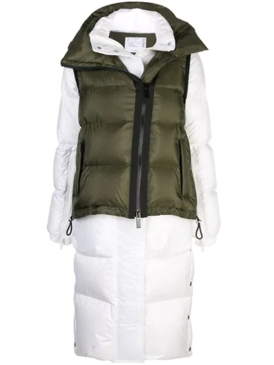 Sacai Hooded Stand-collar Padded Shell Coat Gilet In 503 Khaki/white