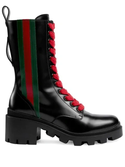 Gucci Trip Striped Glossed-leather Ankle Boots In Black