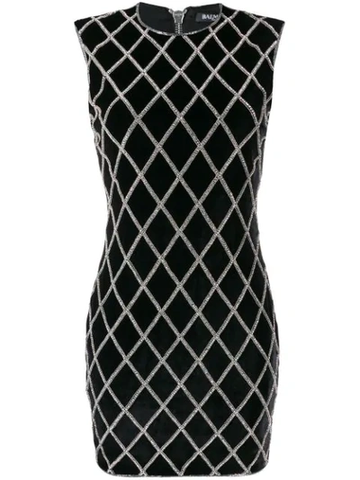 Balmain Crystal Embellished Diamond Pattern Mini Dress In Black