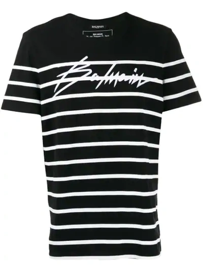 Balmain Logo条纹纯棉平纹针织t恤 In Black