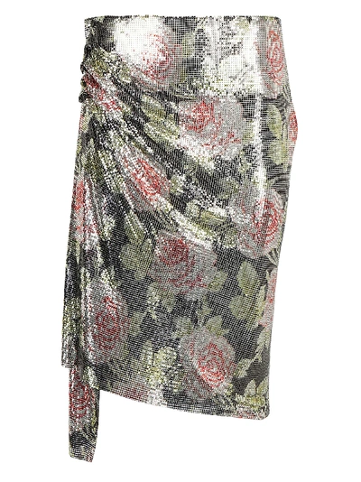 Paco Rabanne Printed Mini Mesh Knee Length Skirt In Black Roses