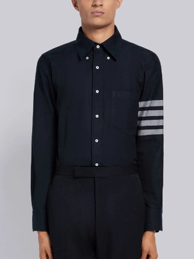 Thom Browne Navy Solid Flannel Shirting 4-bar Nametag Straight Fit Shirt In Blue