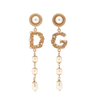 Dolce & Gabbana Asymmetric Dg Logo And Faux Pearl Drop Earrings In Gold