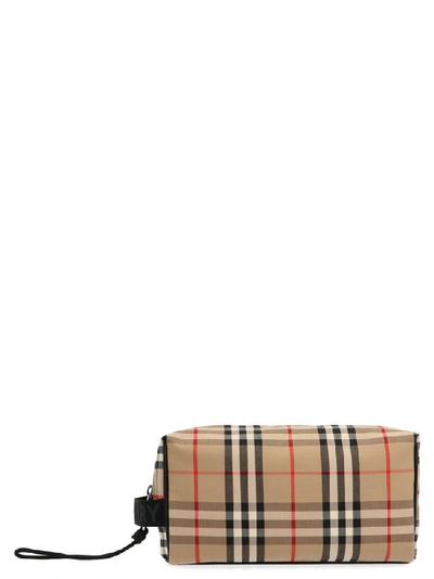Burberry Beige Cotton Pouch With Check Print In Neutrals