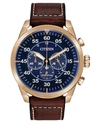 CITIZEN ECO-DRIVE MEN'S CHRONOGRAPH AVION BROWN LEATHER STRAP WATCH 48MM