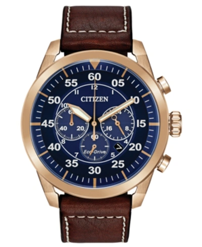 CITIZEN ECO-DRIVE MEN'S CHRONOGRAPH AVION BROWN LEATHER STRAP WATCH 48MM