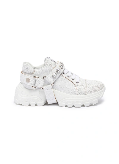 Miu Miu Glass Crystal Strap Crackle Leather Chunky Sneakers