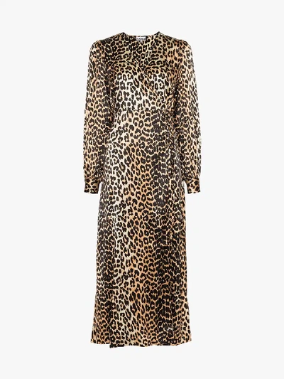 Ganni Leopard Print Long Sleeve Silk Satin Midi Wrap Dress In Multi