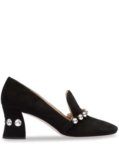 Miu Miu Women's Calzature Donna Embellished Block-heel Loafers In Nero Black Suede