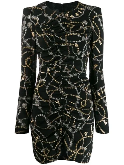 Pinko Chain-print Ruched Long-sleeve Mini Dress In Black
