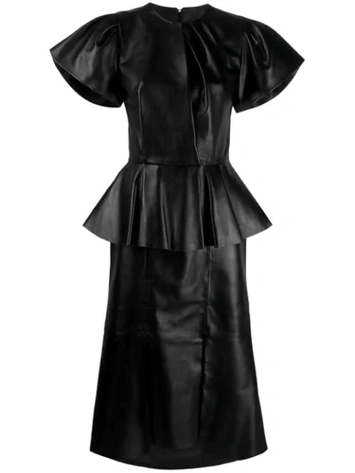 Alexander Mcqueen Bell-sleeve Peplum Leather Midi Dress In Black