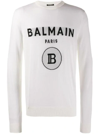 Balmain Jacquard Logo Knitted Jumper In White