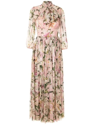 Dolce & Gabbana Lily-print Pussy Bow Maxi Dress In Pink