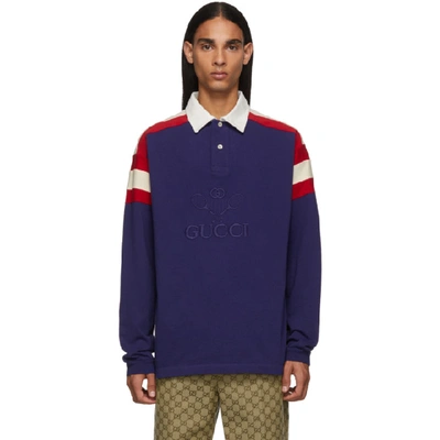 Gucci Tennis-logo Long-sleeved Cotton Polo Shirt In Inchiostro Red Mc