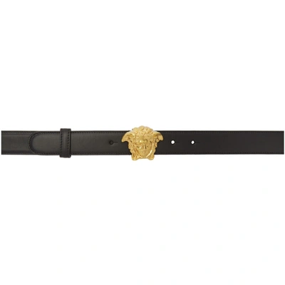Versace Palazzo Medusa Buckle Leather Belt In Nero Oro Tribute (black)