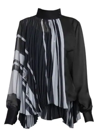 Sacai Pleated Blouse In Navy Grey