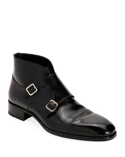 Tom Ford Men's Double-monk Strap Leather Ankle Boots In Black