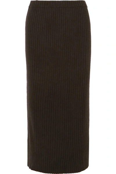 Allude Ribbed Cashmere Midi Skirt In Brown