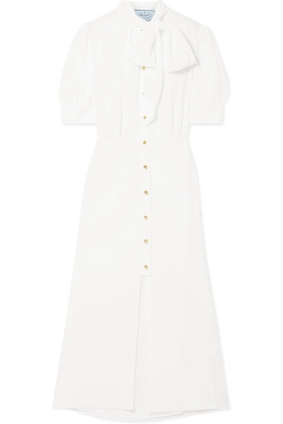 Prada Pussy-bow Crepe De Chine Midi Dress In White