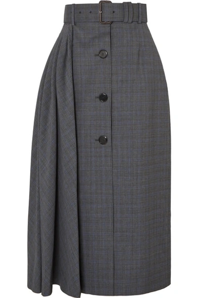 Prada Pleated Prince Of Wales Checked Wool-blend Midi Skirt In Blue