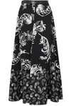 LOEWE LEATHER-TRIMMED PRINTED SATIN AND LINEN MAXI SKIRT