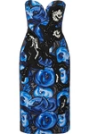 PRADA STRAPLESS CRYSTAL-EMBELLISHED FLORAL-PRINT COTTON DRESS