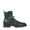 Jimmy Choo Cruz Flat Dark Green Grainy Leather Combat Boots With Crystal Detail