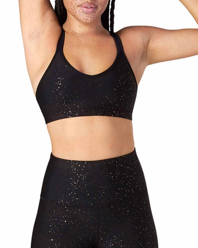 Beyond Yoga Double Back Alloy-speckled Sports Bra In Black Gunmetal