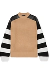 HAIDER ACKERMANN LEATHER-PANELED STRIPED FLEECE WOOL AND CASHMERE-BLEND SWEATER