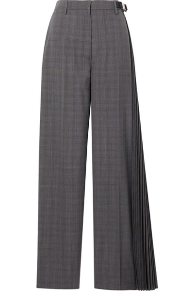 Prada Pleated Checked Wool-blend Wide-leg Pants In Gray