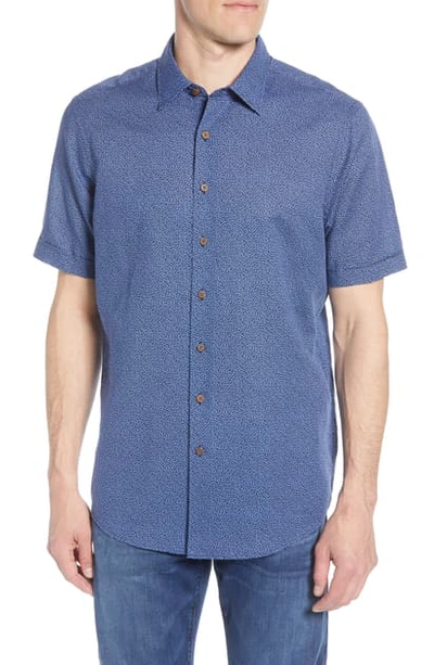 Rodd & Gunn Murdoch Regular Fit Leaf Pattern Short Sleeve Linen Blend Button-up Shirt In Blue