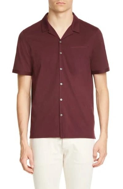 John Varvatos Slim Fit Short Sleeve Button-up Knit Camp Shirt In Cranberry