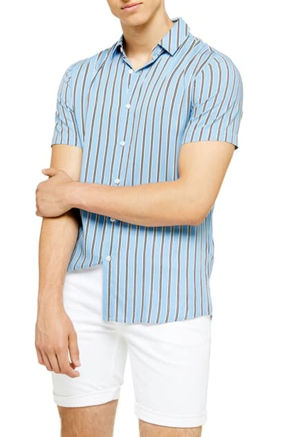 Topman Short Sleeve Stripe Slim Fit Shirt In Blue Multi