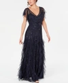 ADRIANNA PAPELL FLUTTER-SLEEVE BEADED GOWN