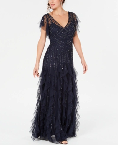 Adrianna Papell Flutter-sleeve Beaded Gown In Navy