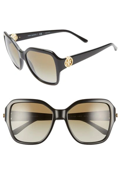 Tory Burch Reva 56mm Square Sunglasses - Black/ Brown Gradient In Black/ Brown Gradient