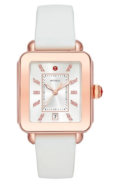 Michele Deco Sport Watch Head & Silicone Strap Watch, 34mm X 36mm In White/ Rose Gold