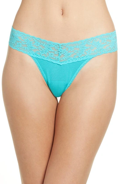 Hanky Panky Mid Rise Lace Trim Thong In Seafoam