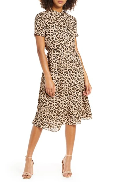 Avec Les Filles Leopard Mock Neck Short Sleeve Dress