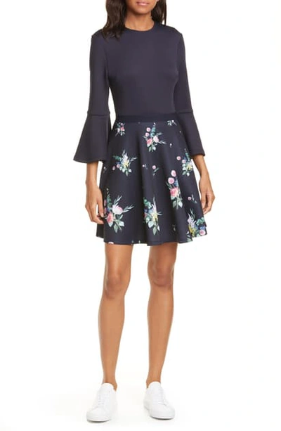 Ted Baker Hadlley Floral Trumpet Sleeve Dress In Navy